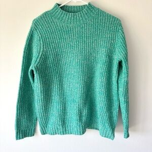 WoolOvers Lambswool Chunky Knit Mock Neck Sweater Green Pullover Ribbed
